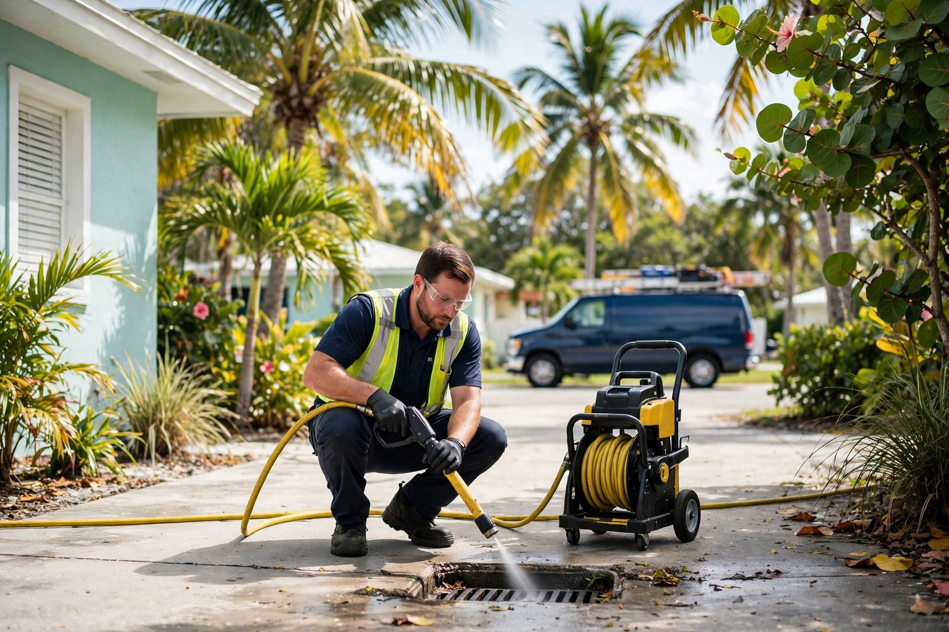 Technician clearing a drain with hydro jetting equipment at a Key West, FL home